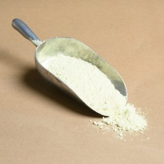 White powder in a metal scoop on a beige background.