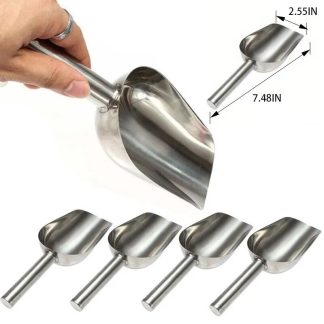 A hand holding a metal scoop.